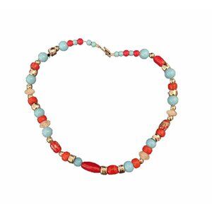 Vintage Faux Turquoise-Quartz-Carnelian Beaded Necklace Handmade 16 in